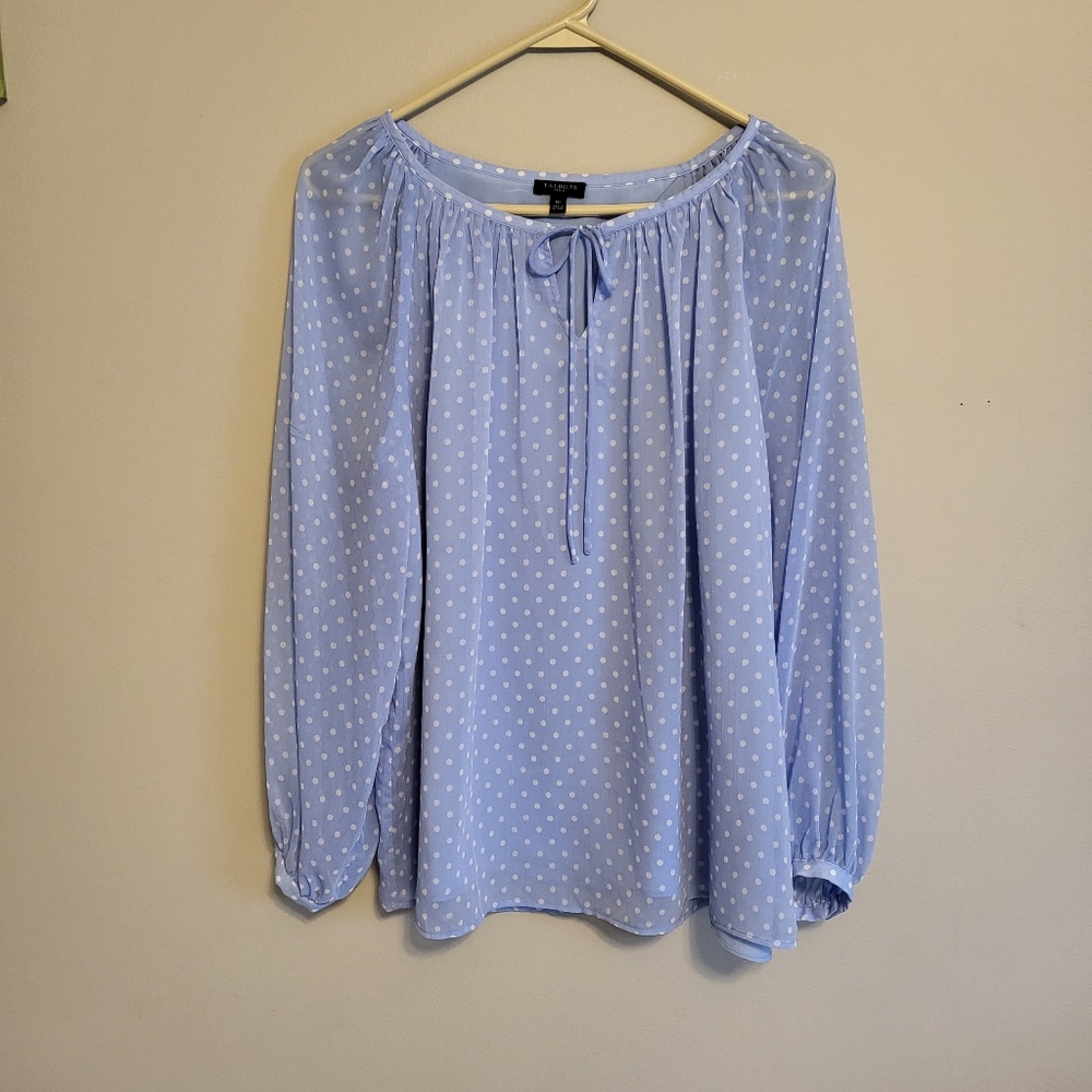 Talbots Medium Petite Blue Polka Dot Long Sleeve Blouse